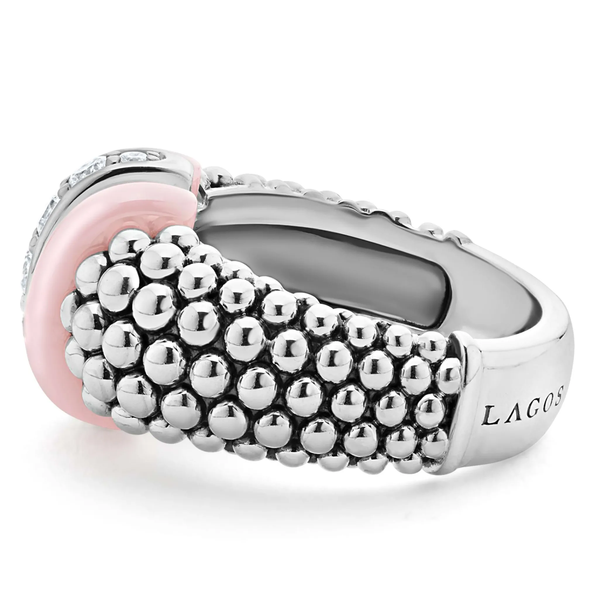 Hot LAGOS Pink Ceramic Caviar Diamond Ring